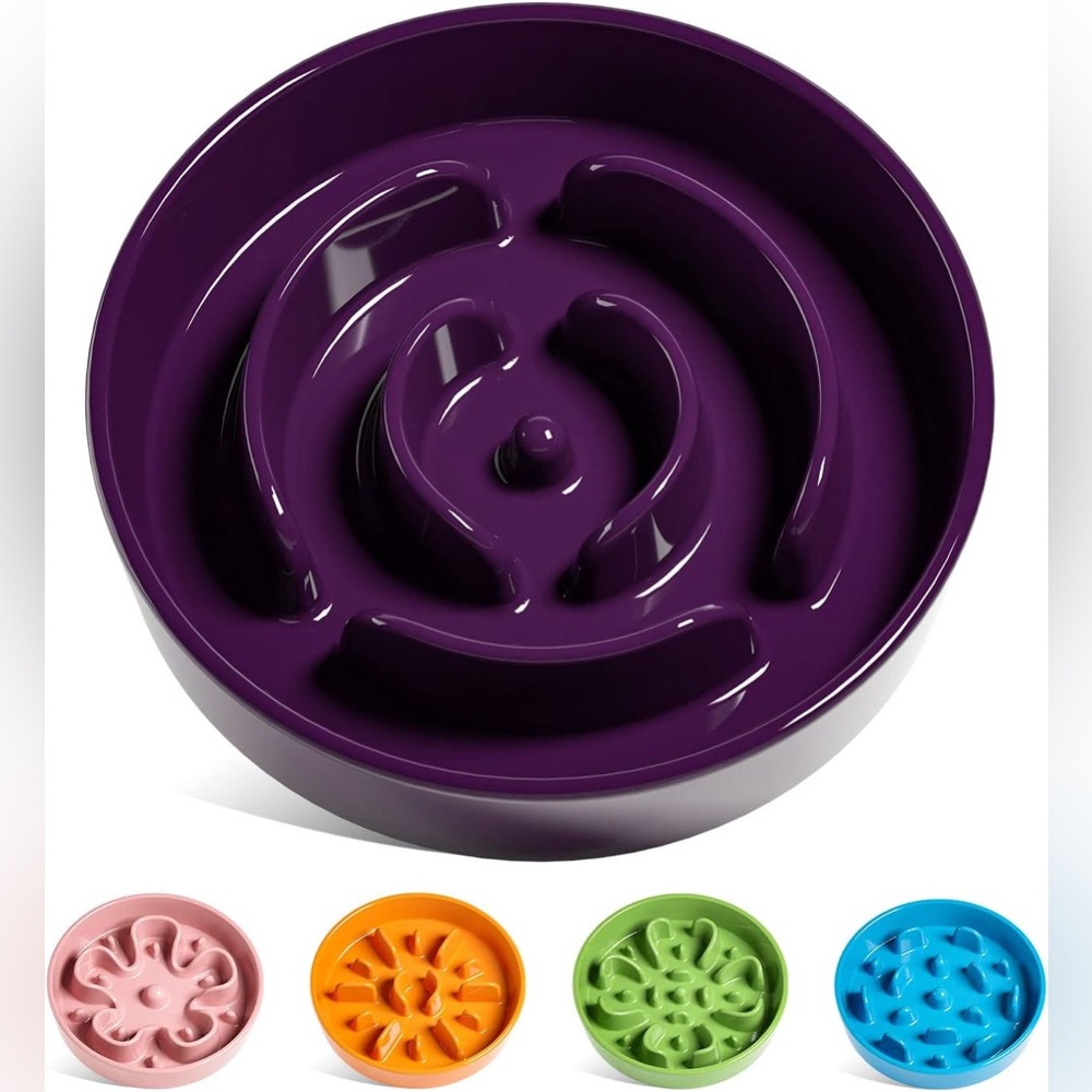 Ceramic Slow Feeder Dog Bowl Purple Maze 1.5 Cup‎ Medium Non Slip New